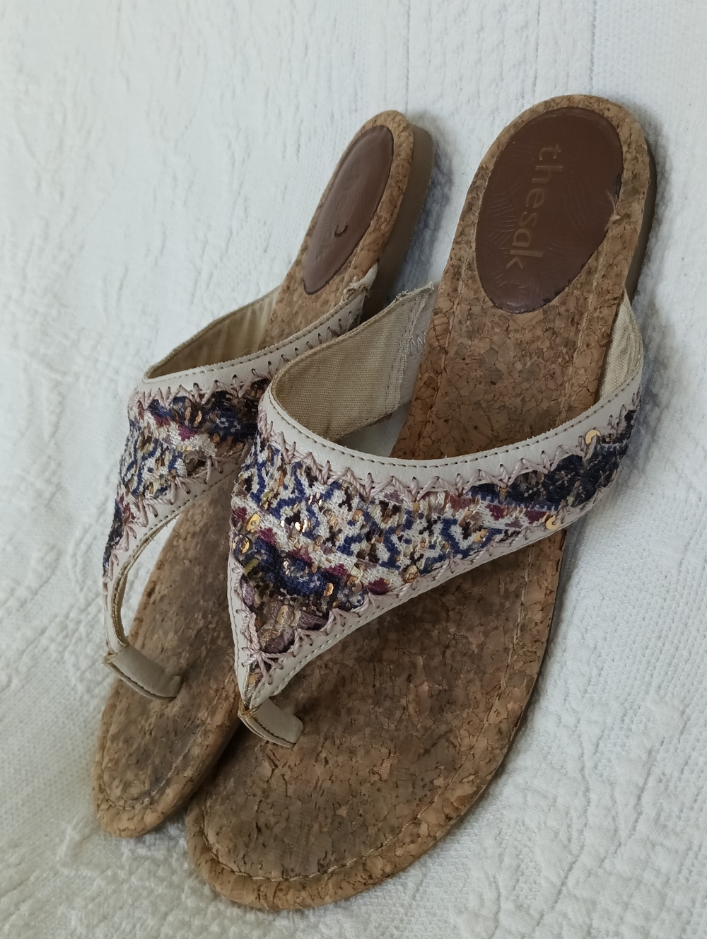 The Sak Embroidered Cork Thong Sandals Boho Hippy Beach Summer Festival Flats 9 - Picture 2 of 9